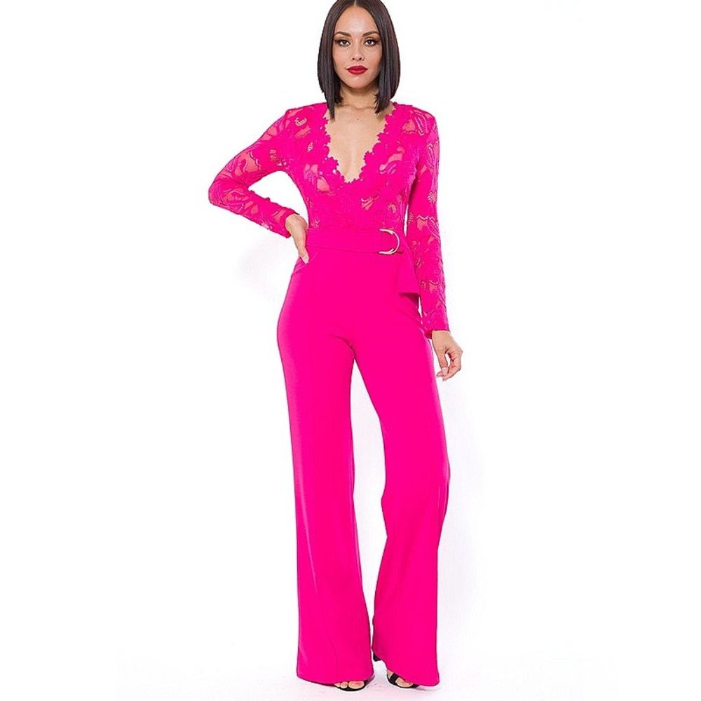 Women’s Hot Pink Lace-Detail Jumpsuit